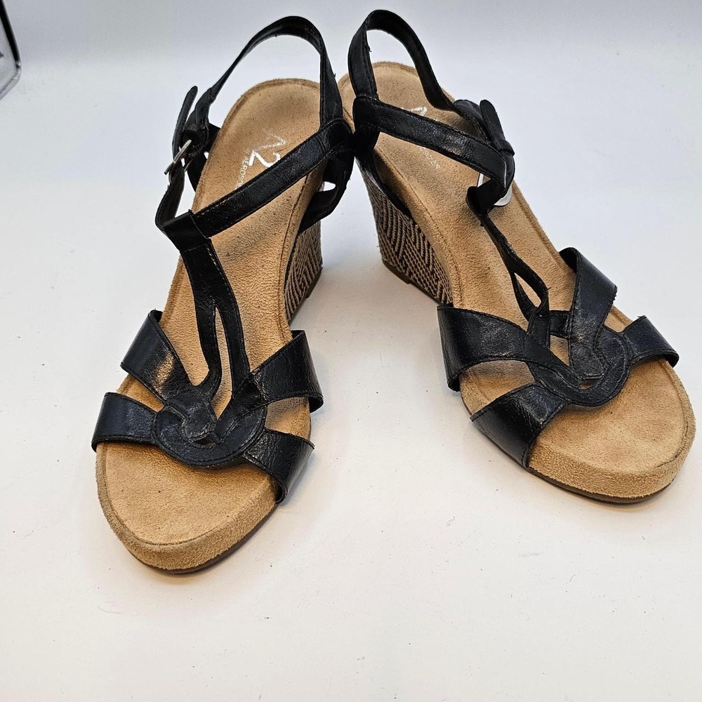 A2 Aerosoles Black Strappy Woven Geometric Wedge Sandals Womens 7.5M